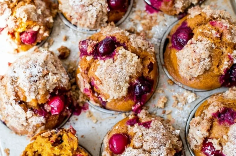 Freshly baked Pumpkin Spice Cranberry Muffins with cranberries and spices